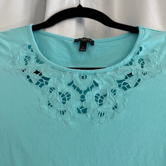 Talbots Tops - Talbots Lace Neckline Tee Aqua Blue Womens Petite Small